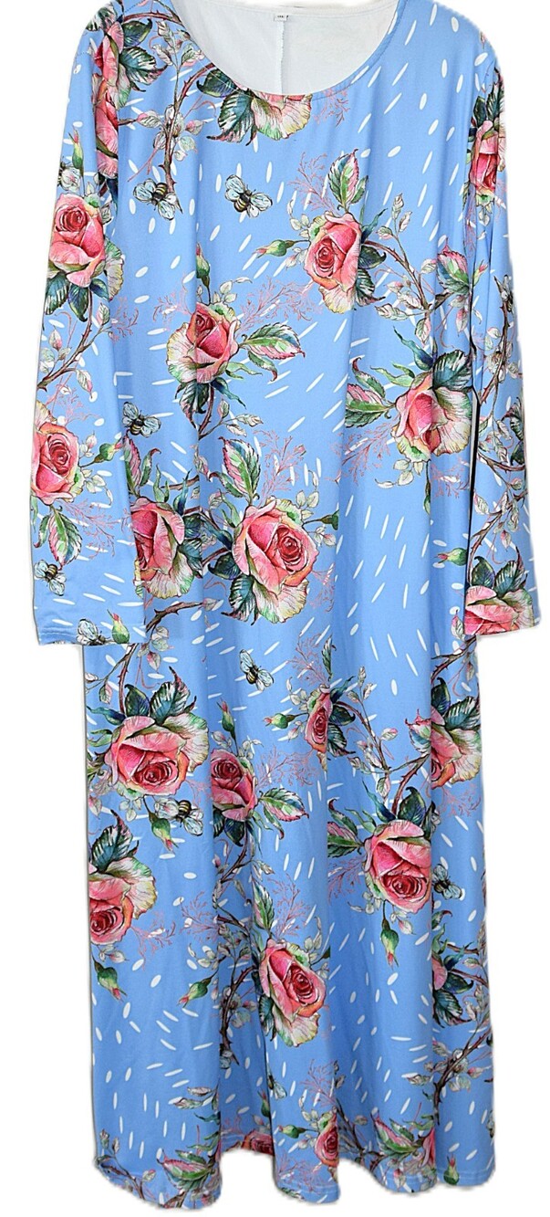 Womens Maxi Dress in Blue Rose Floral Print, L/S, Modest, Easy Care Size XL